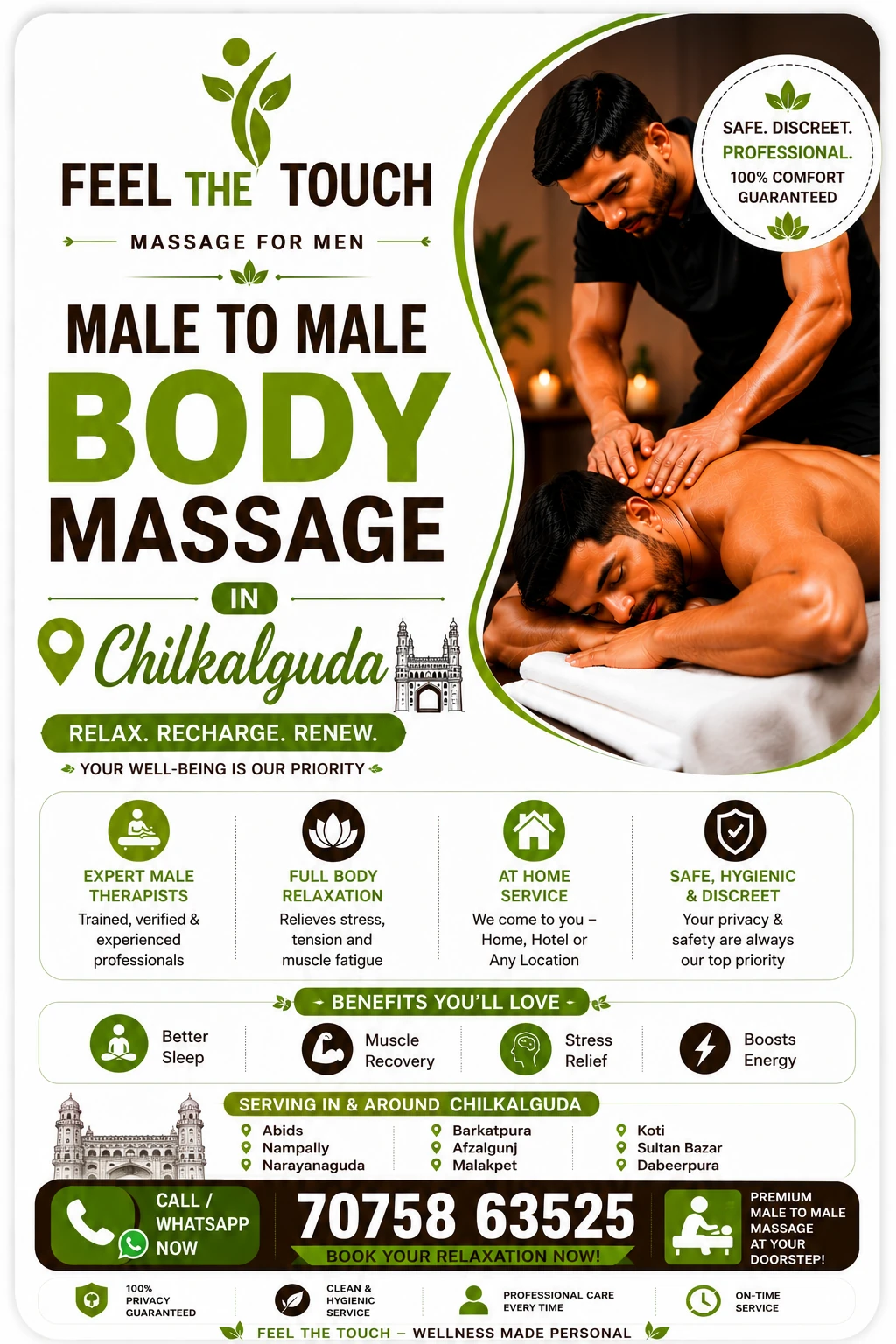 Male to male body massage in Chilkalguda Hyderabad – FEEL THE TOUCH – 7075863525